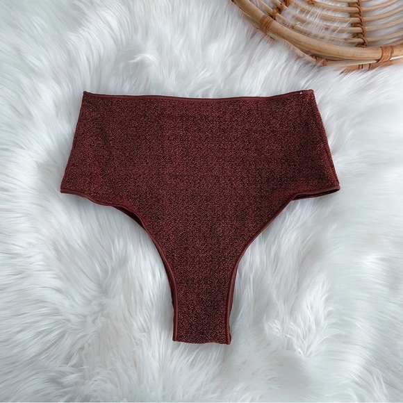 Oseree Lumiere High Waisted Rise Bikini Bottoms Glitter Maroon Burgundy Red - Picture 7 of 7